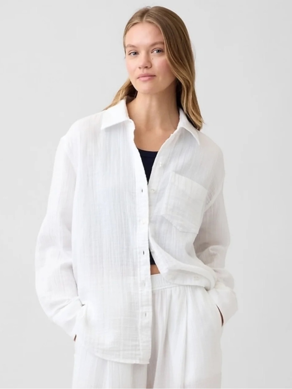 Gap 100% Cotton Crinkle Gauze The Big Shirt Long Sleeve Button Down Medium White